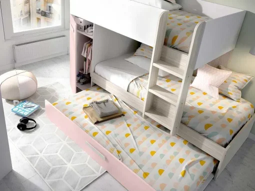 Beliche Com Gaveta Cama Dupla E Com Espacos De Arrumação 3X90X190 Cm Cor Branco, Natural E Rosa + Colchões - Anthony