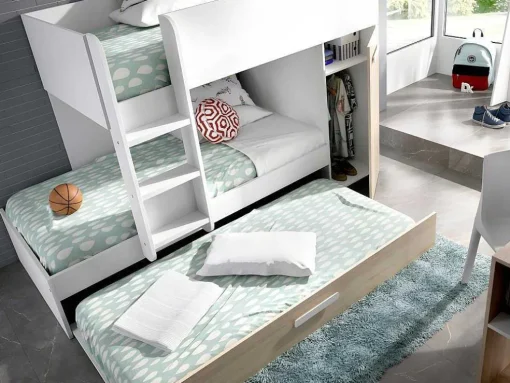 Beliche Com Gaveta Cama Dupla E Com Espacos De Arrumação 3X90X190 Cm Cor Branco E Natural + Colchões - Anthony