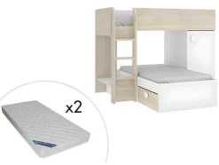 Beliche Reversivel De 2 X 90 X 190 Cm Com Espacos De Arrumação Integrados Cor Carvalho E Branco + Colchão - Ricardo
