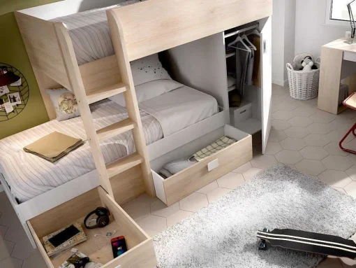 Beliche Reversivel De 2 X 90 X 190 Cm Com Espacos De Arrumação Integrados Cor Carvalho E Branco + Colchão - Ricardo