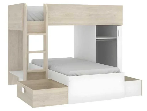 Beliche Reversivel De 2 X 90 X 190 Cm Com Espacos De Arrumação Integrados Cor Carvalho E Branco + Colchão - Ricardo