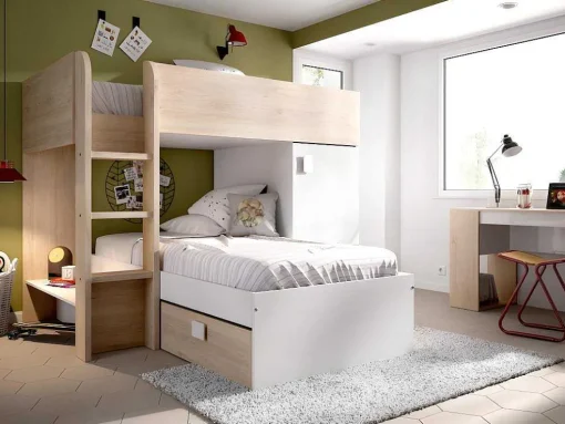 Beliche Reversivel De 2 X 90 X 190 Cm Com Espacos De Arrumação Integrados Cor Carvalho E Branco + Colchão - Ricardo