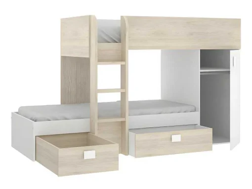 Beliche Reversivel De 2 X 90 X 190 Cm Com Espacos De Arrumação Integrados Cor Carvalho E Branco + Colchão - Ricardo