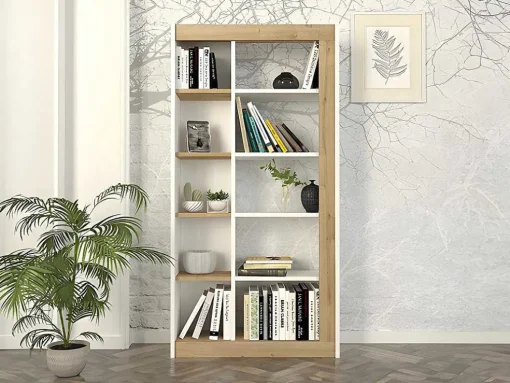 Biblioteca Com 10 Nichos Natural Claro E Branco - Silomai