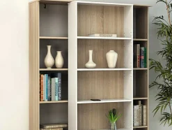 Biblioteca De Correr Com 18 Nichos Cor Branco E Carvalho - Prali