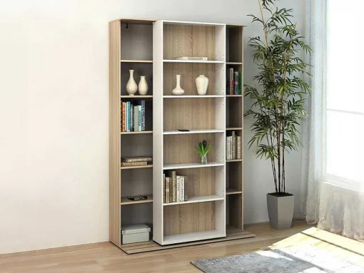 Biblioteca De Correr Com 18 Nichos Cor Branco E Carvalho - Prali