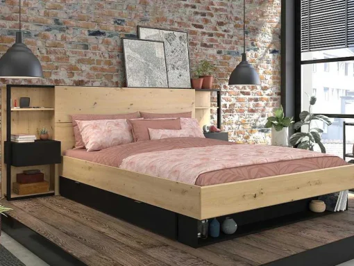 Cabeceira De Cama Com Mesas De Cabeceira De 160 Cm Cor Carvalho E Preto - Mista