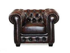 Cadeirão 100% Pele De Bufalo Castanho Com Reflexos Castanhos Estilo Chesterfield - Brenton