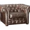 Cadeirão 100% Pele Envelhecida Castanho Estilo Chesterfield - Clotaire