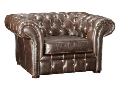 Cadeirão 100% Pele Envelhecida Castanho Estilo Chesterfield - Clotaire