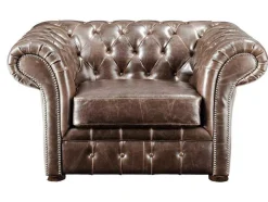 Cadeirão 100% Pele Envelhecida Castanho Estilo Chesterfield - Clotaire