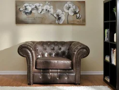 Cadeirão 100% Pele Envelhecida Castanho Estilo Chesterfield - Clotaire