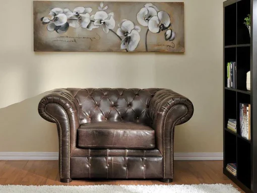 Cadeirão 100% Pele Envelhecida Castanho Estilo Chesterfield - Clotaire