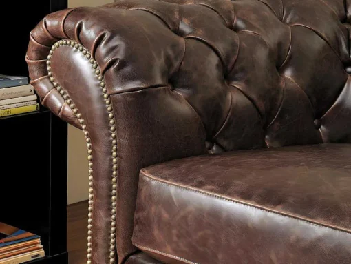 Cadeirão 100% Pele Envelhecida Castanho Estilo Chesterfield - Clotaire