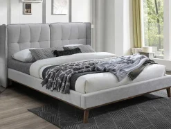 Cama 140 X 200 Cm Com Cabeceira De Cama Acolchoada Linho Cinzento-Claro - Kerano