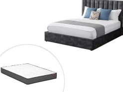 Cama 140 X 190 Cm Com Cabeceira De Cama Costuras Verticais Veludo Antracite + Colchão - Feroya