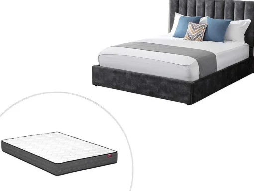 Cama 140 X 190 Cm Com Cabeceira De Cama Costuras Verticais Veludo Antracite + Colchão - Feroya