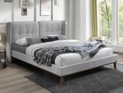 Cama 140 X 200 Cm Com Cabeceira De Cama Acolchoada Linho Cinzento-Claro - Kerano