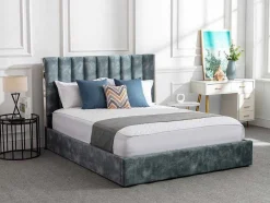 Cama 160 X 200 Cm Com Cabeceira De Cama Costuras Verticais Veludo Azul-Esverdeado - Feroya