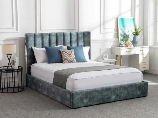 Cama 160 X 200 Cm Com Cabeceira De Cama Costuras Verticais Veludo Azul-Esverdeado - Feroya
