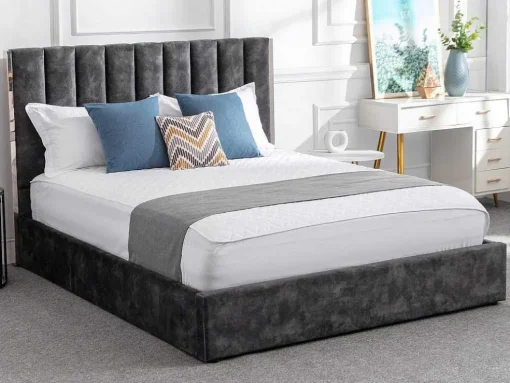 Cama 160 X 200 Cm Com Cabeceira De Cama Costuras Verticais Veludo Antracite + Colchão - Feroya