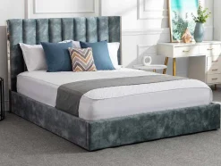 Cama 160 X 200 Cm Com Cabeceira De Cama Costuras Verticais Veludo Azul-Esverdeado - Feroya