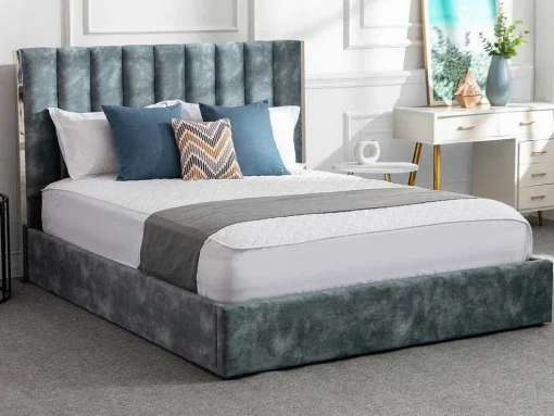 Cama 160 X 200 Cm Com Cabeceira De Cama Costuras Verticais Veludo Azul-Esverdeado - Feroya