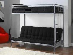 Cama Alta 90 X 190 Cm Com Banco Convertivel Metal Prateado + Futon Preto - Modulo V