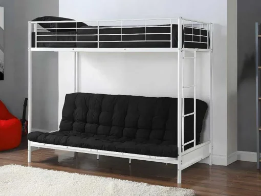 Cama Alta 90 X 190 Cm Com Banco Convertivel Em Metal Branco E Futon Preto - Modulo V