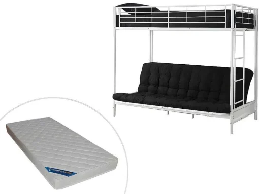 Cama Alta 90 X 190 Cm Com Banco Convertivel Em Metal Branco, Futon E Colchão - Modulo V