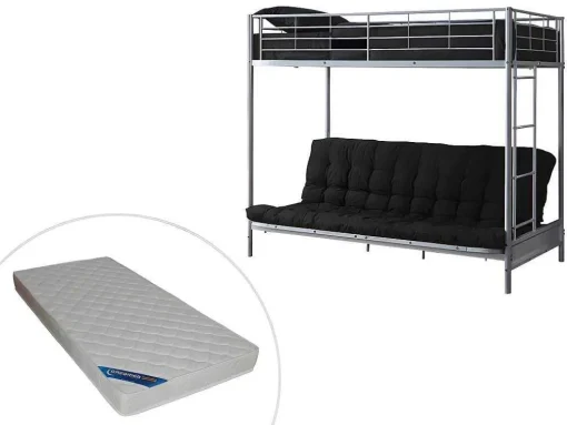 Cama Alta 90 X 190 Cm Com Banco Convertivel Metal Prateado + Futon + Colchão - Modulo V