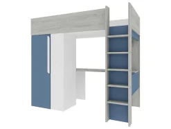 Cama Alta 90 X 200 Cm Com Guarda-Roupa E Secretária Azul E Branco + Colchão - Nicolas