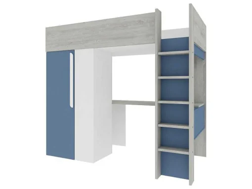 Cama Alta 90 X 200 Cm Com Guarda-Roupa E Secretária Azul E Branco + Colchão - Nicolas