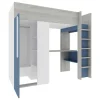 Cama Alta 90 X 200 Cm Com Guarda-Roupa E Secretária Azul E Branco - Nicolas