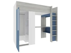 Cama Alta 90 X 200 Cm Com Guarda-Roupa E Secretária Azul E Branco - Nicolas