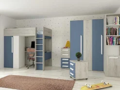 Cama Alta 90 X 200 Cm Com Guarda-Roupa E Secretária Azul E Branco + Colchão - Nicolas