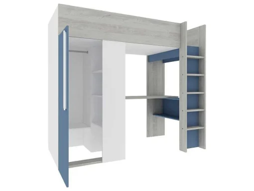 Cama Alta 90 X 200 Cm Com Guarda-Roupa E Secretária Azul E Branco + Colchão - Nicolas