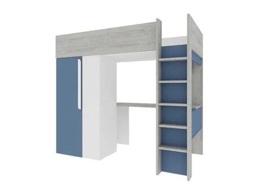 Cama Alta 90 X 200 Cm Com Guarda-Roupa E Secretária Azul E Branco - Nicolas