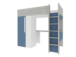 Cama Alta 90 X 200 Cm Com Guarda-Roupa E Secretária Azul E Branco + Colchão - Nicolas