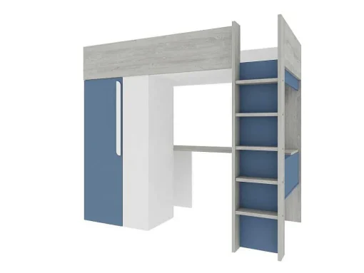 Cama Alta 90 X 200 Cm Com Guarda-Roupa E Secretária Azul E Branco + Colchão - Nicolas