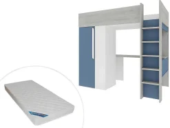 Cama Alta 90 X 200 Cm Com Guarda-Roupa E Secretária Azul E Branco + Colchão - Nicolas