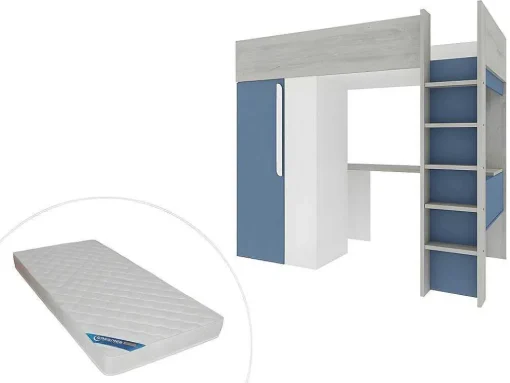 Cama Alta 90 X 200 Cm Com Guarda-Roupa E Secretária Azul E Branco + Colchão - Nicolas