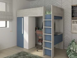 Cama Alta 90 X 200 Cm Com Guarda-Roupa E Secretária Azul E Branco + Colchão - Nicolas