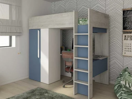 Cama Alta 90 X 200 Cm Com Guarda-Roupa E Secretária Azul E Branco + Colchão - Nicolas