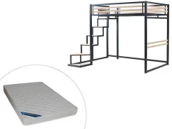 Cama Alta 140 X 200 Cm Metal E Mdf Preto E Natural + Colchão - Jogui