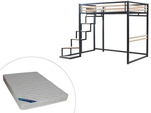 Cama Alta 140 X 200 Cm Metal E Mdf Preto E Natural + Colchão - Jogui