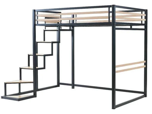 Cama Alta 140 X 200 Cm Metal E Mdf Preto E Natural + Colchão - Jogui