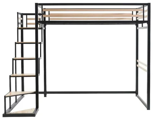Cama Alta 140 X 200 Cm Metal E Mdf Preto E Natural + Colchão - Jogui