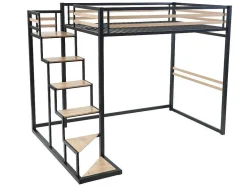 Cama Alta 140 X 200 Cm Metal E Mdf Preto E Natural + Colchão - Jogui