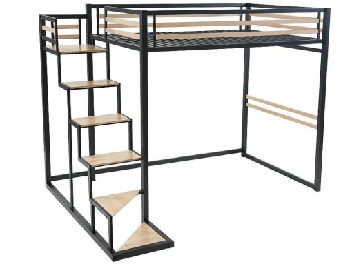 Cama Alta 140 X 200 Cm Metal E Mdf Preto E Natural + Colchão - Jogui
